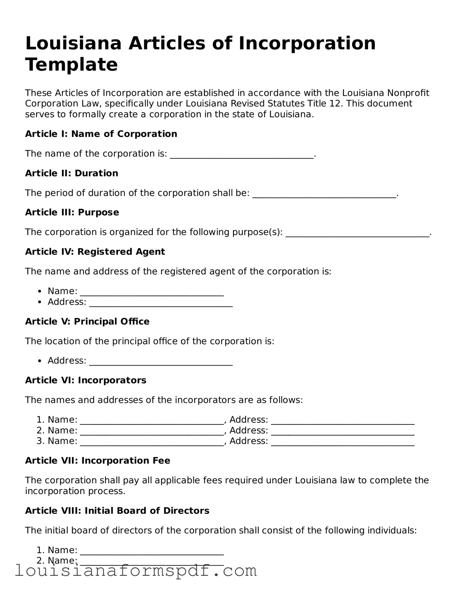 Attorney-Verified Louisiana Articles of Incorporation Form