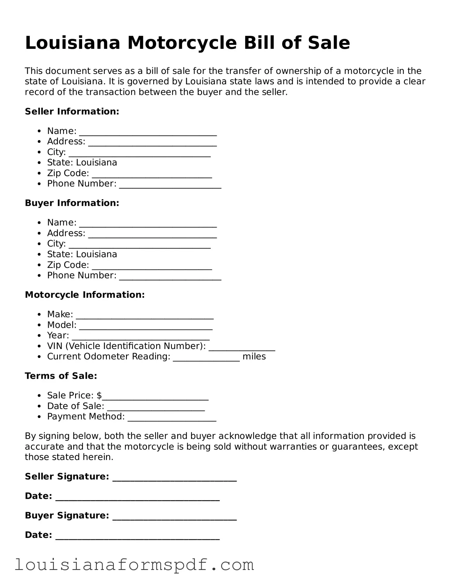 Attorney-Verified Louisiana Motorcycle Bill of Sale Form