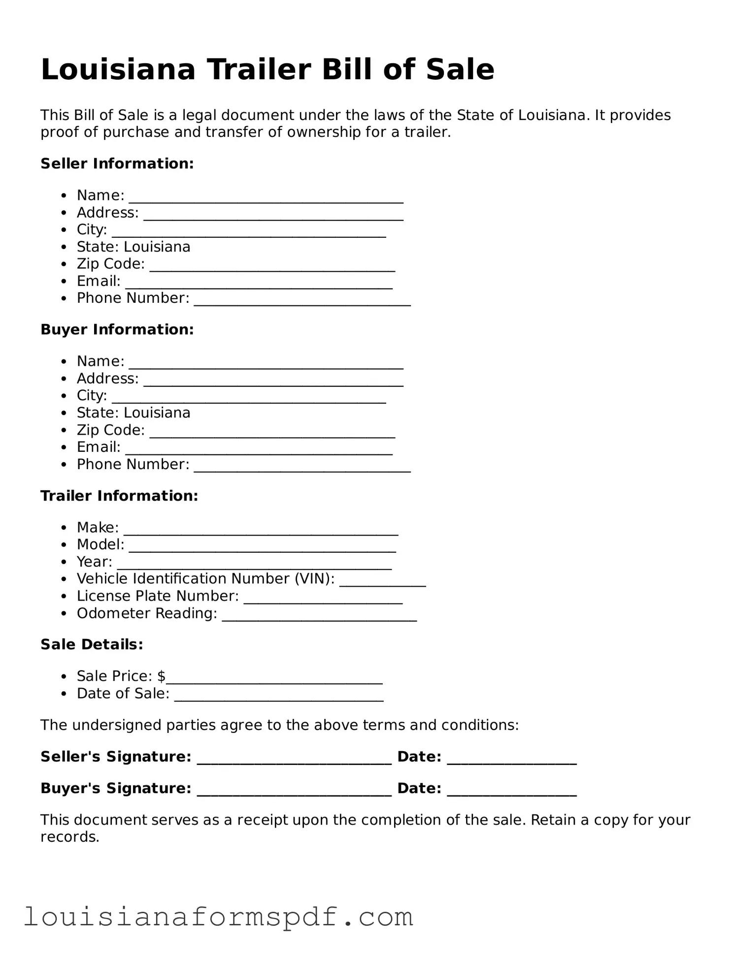 Attorney-Verified Louisiana Trailer Bill of Sale Form