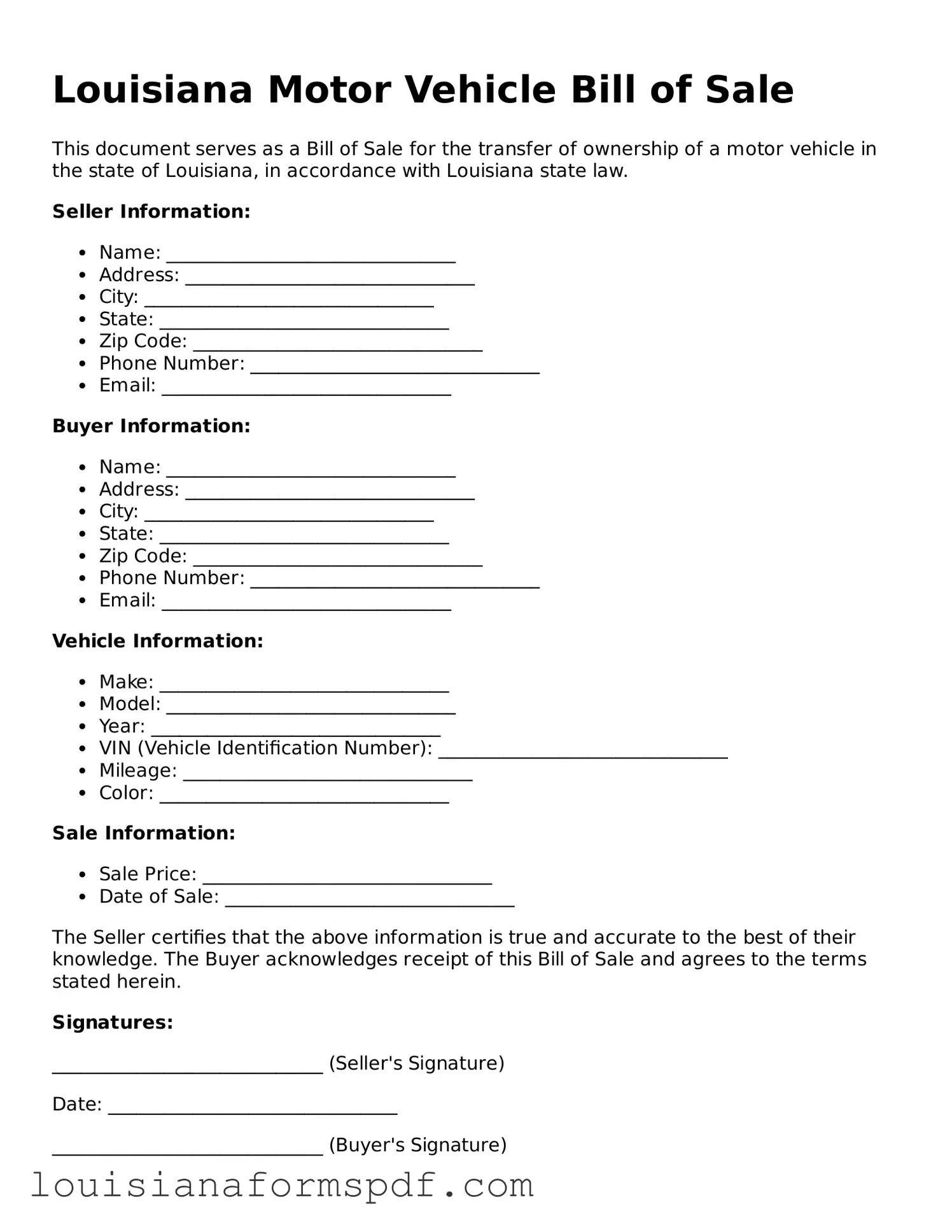 Attorney-Verified Louisiana Motor Vehicle Bill of Sale Form