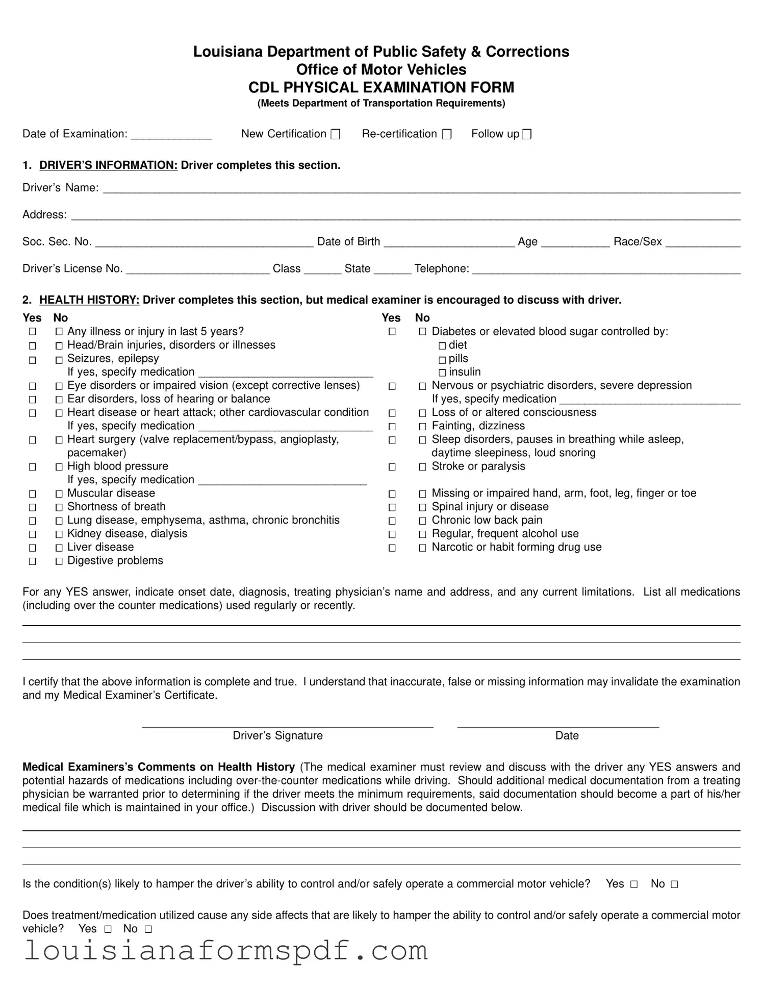 Official Louisiana Cdl Physical Template in PDF