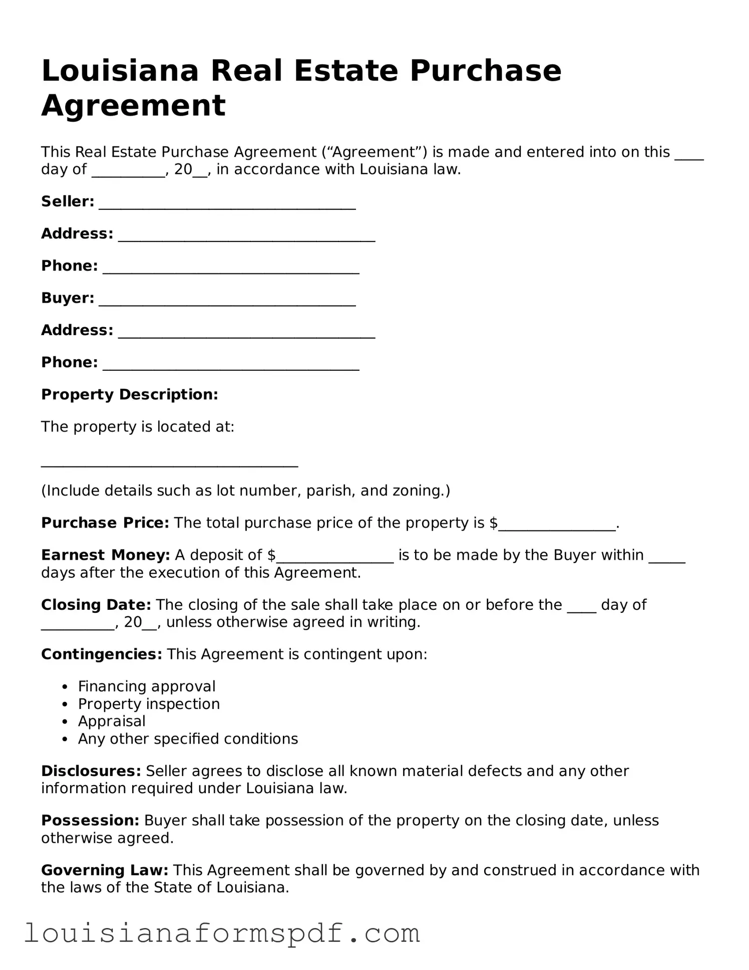 Attorney-Verified Louisiana Real Estate Purchase Agreement Form
