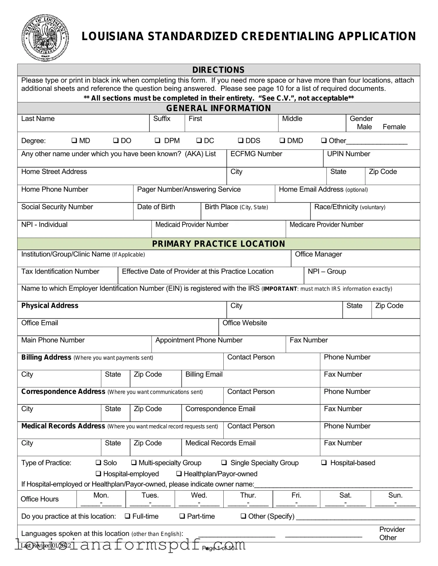 Official Louisiana Credentialing Application Template in PDF