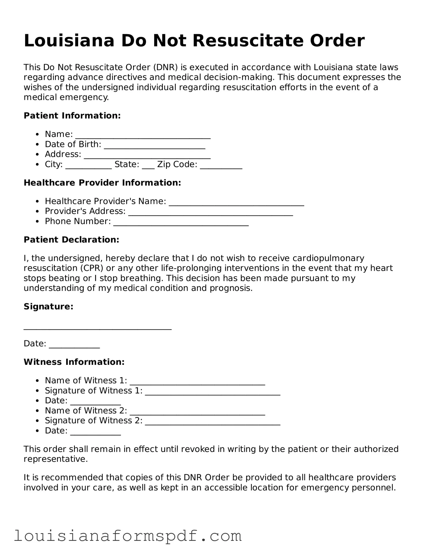 Attorney-Verified Louisiana Do Not Resuscitate Order Form