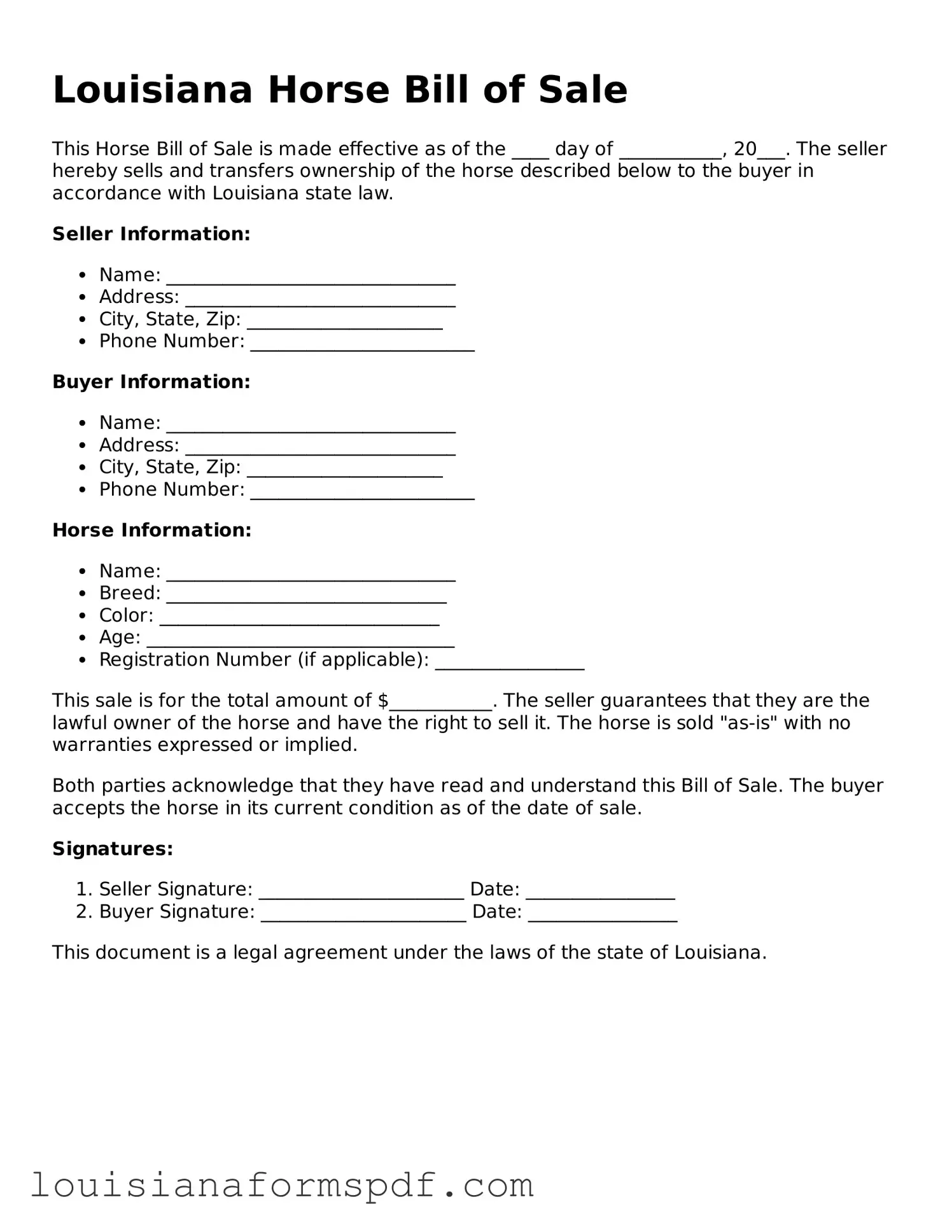 Attorney-Verified Louisiana Horse Bill of Sale Form