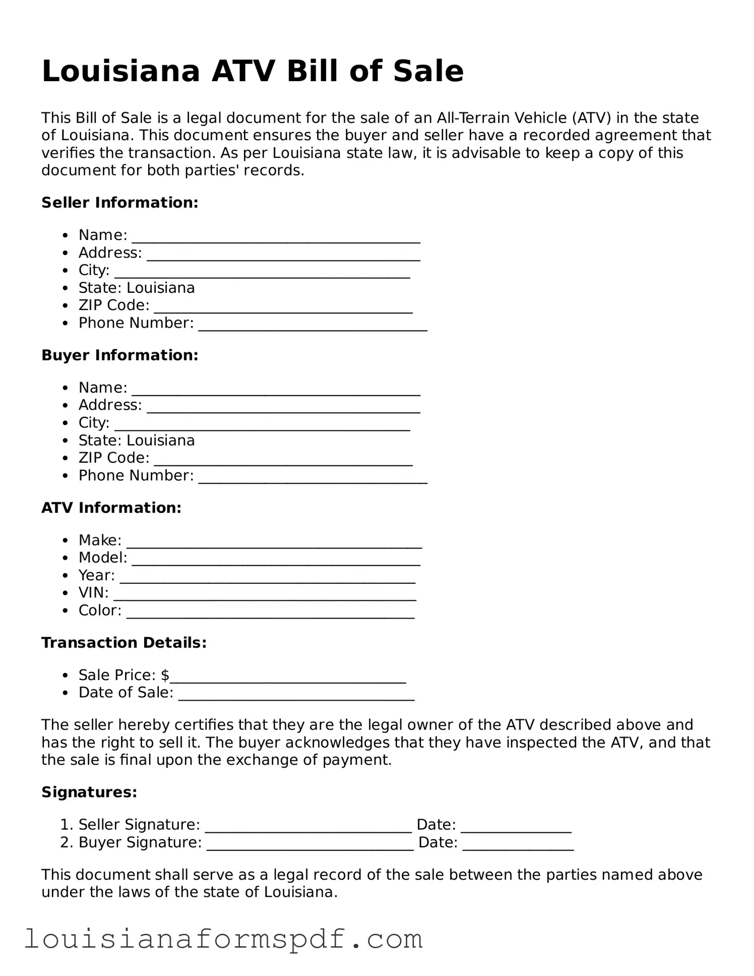 Attorney-Verified Louisiana ATV Bill of Sale Form