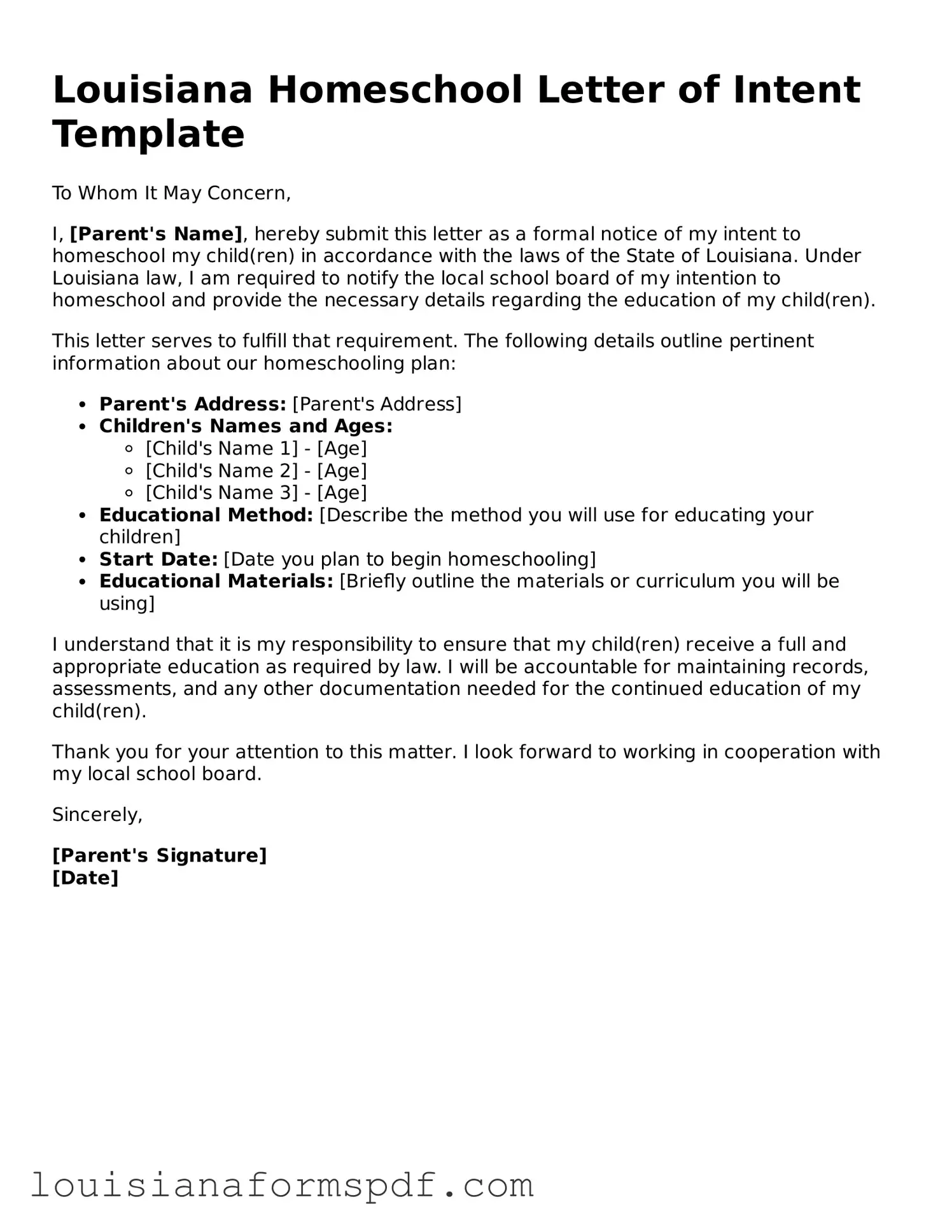 Attorney-Verified Louisiana Homeschool Letter of Intent Form