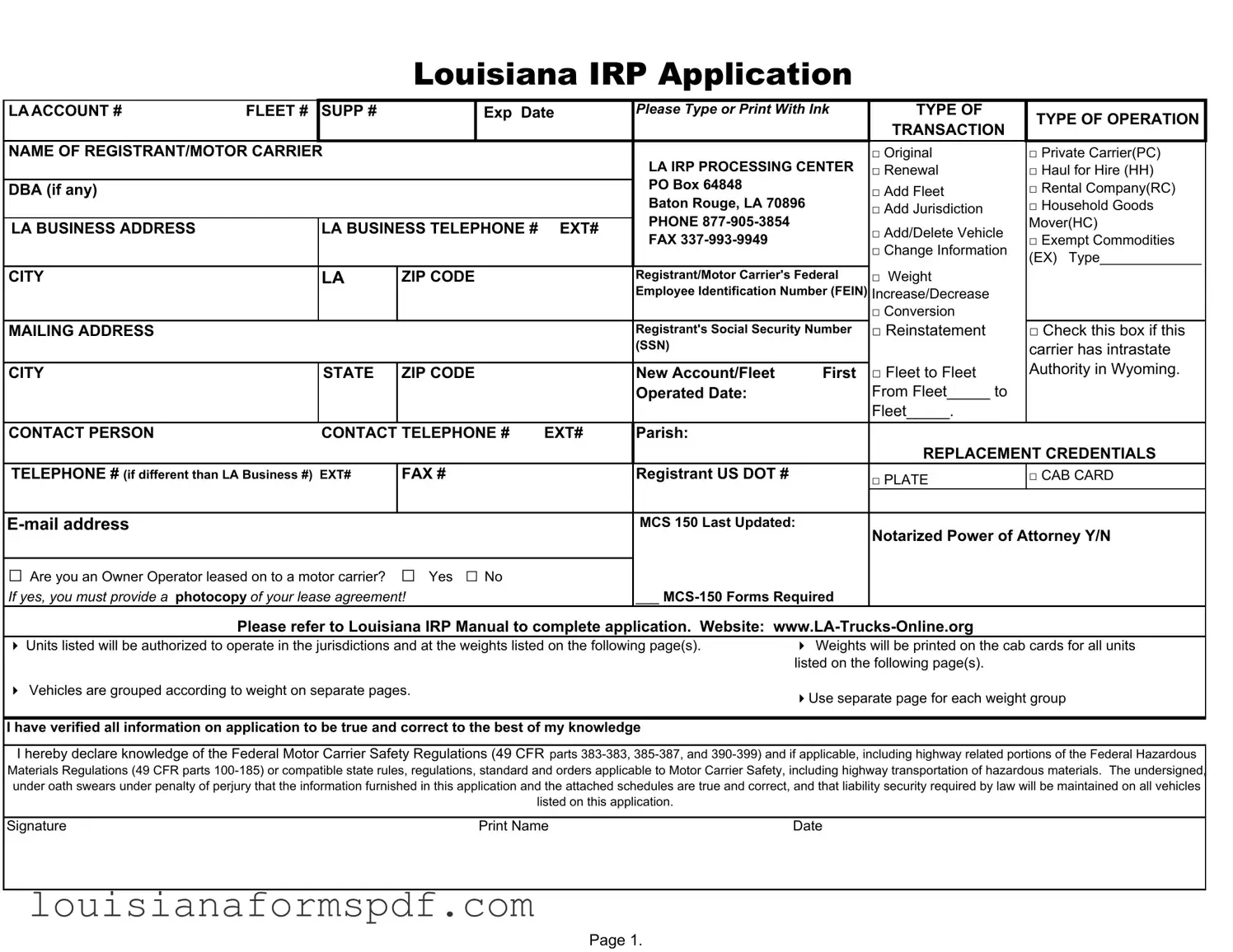 Official Louisiana Irp Application Template in PDF