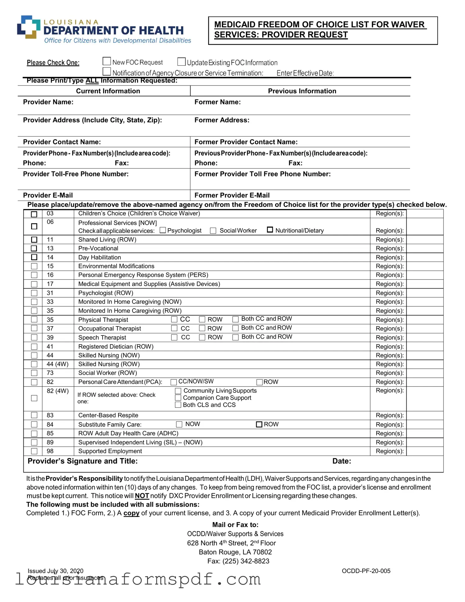 Official Louisiana Medicaid Freedom of Choice List Template in PDF