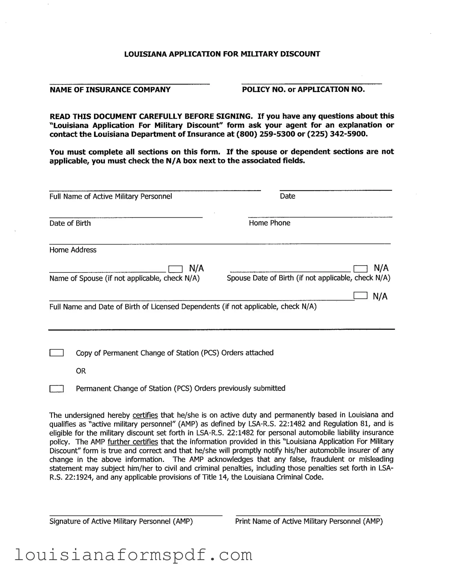 Official Louisiana Military Discount Template in PDF