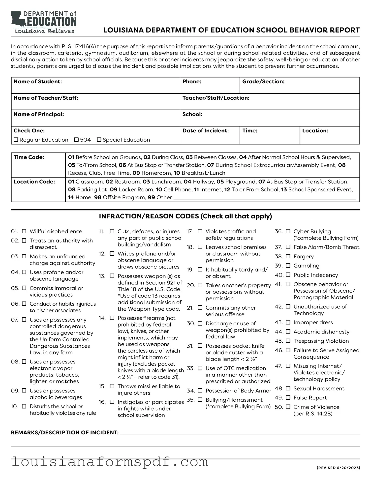 Official Louisiana School Behavior Report Template in PDF