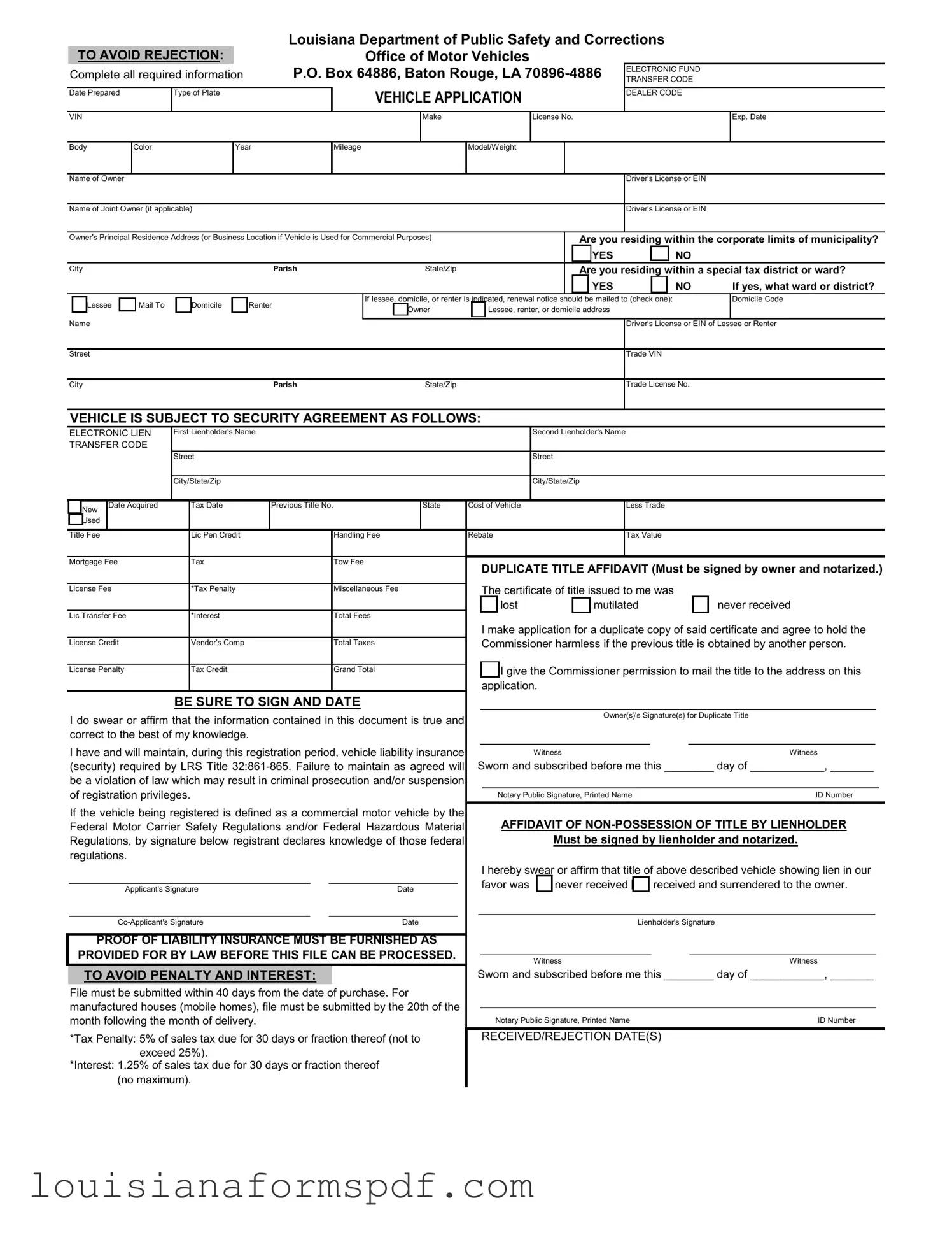 Official Louisiana Vehicle Application Template in PDF