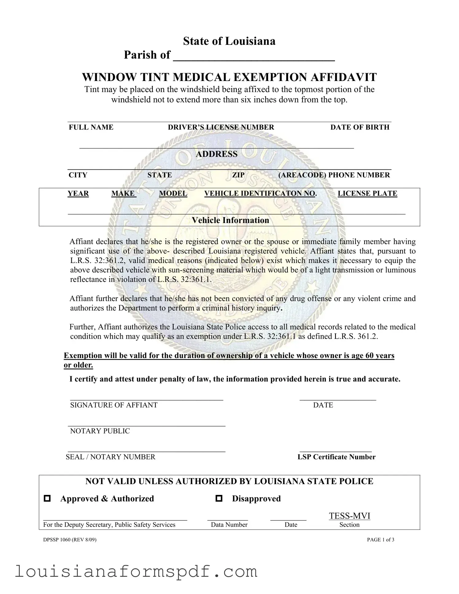 Official Louisiana Window Tint Exemption Sticker Template in PDF