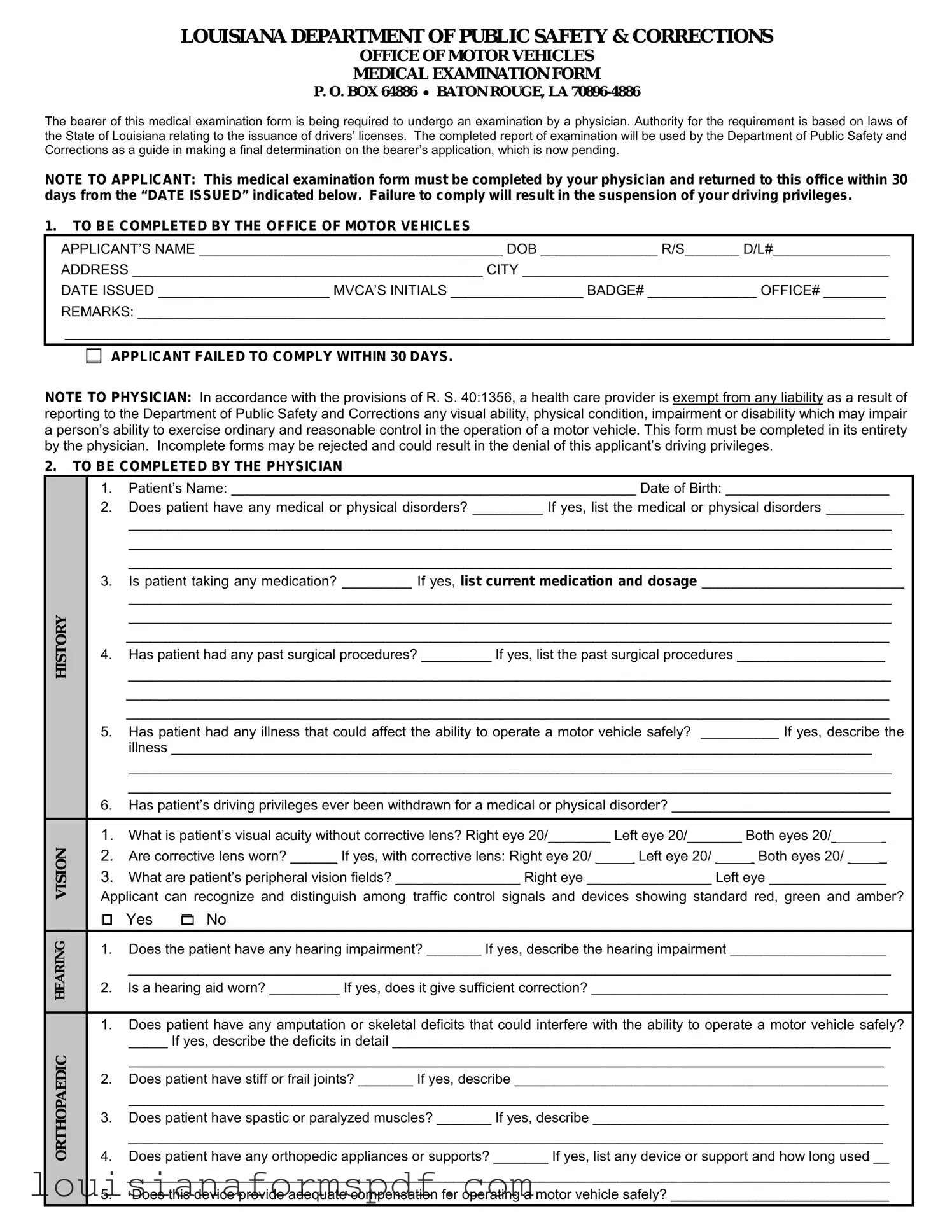 Official Medical Examination Louisiana Template in PDF
