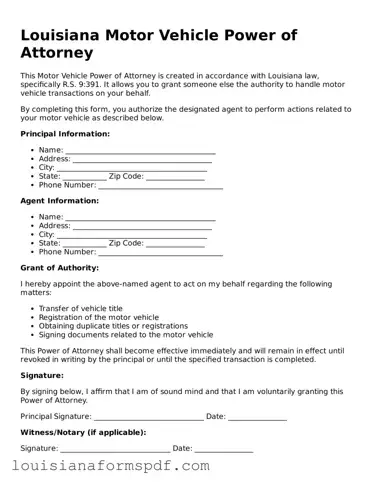 Attorney-Verified Louisiana Motor Vehicle Power of Attorney Form