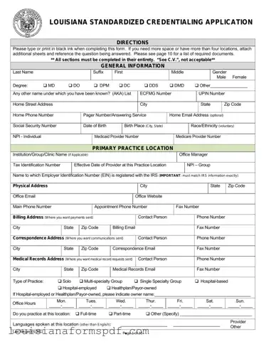 Official Louisiana Credentialing Application Template in PDF