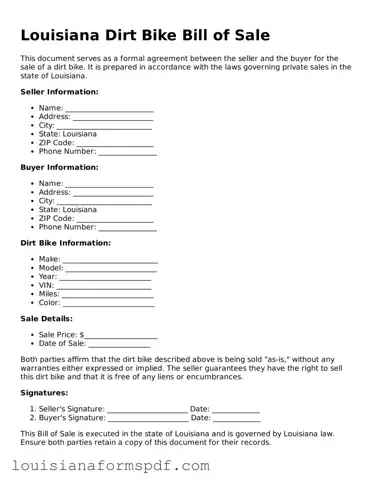 Attorney-Verified Louisiana Dirt Bike Bill of Sale Form