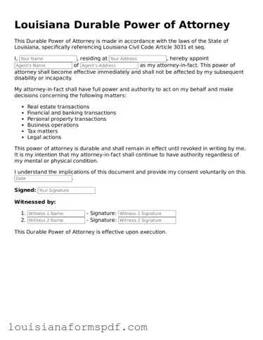 Attorney-Verified Louisiana Durable Power of Attorney Form
