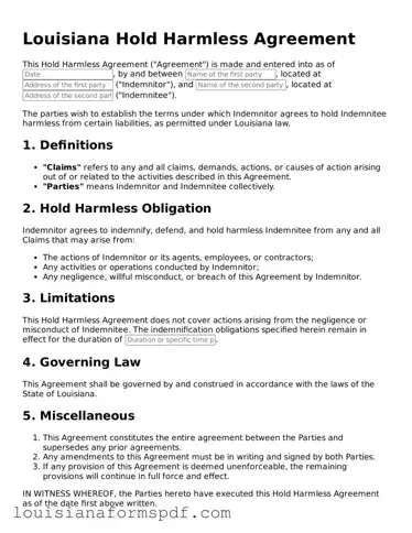 Attorney-Verified Louisiana Hold Harmless Agreement Form