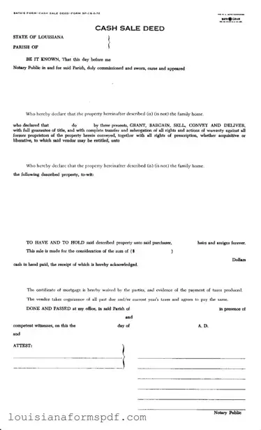 Official Louisiana Land Cash Sale Template in PDF