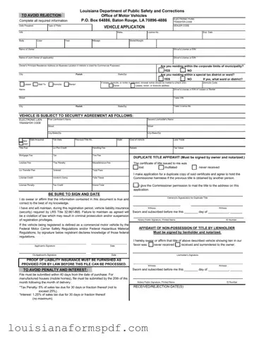 Official Louisiana Vehicle Application Template in PDF