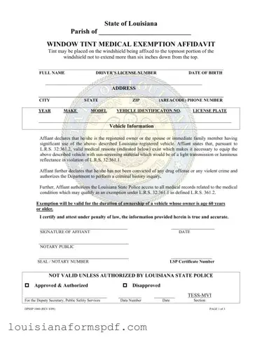Official Louisiana Window Tint Exemption Sticker Template in PDF