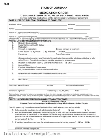 Official State Of Louisiana Medication Order Template in PDF