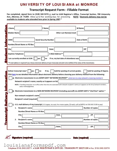 Official University Louisiana Transcript Template in PDF