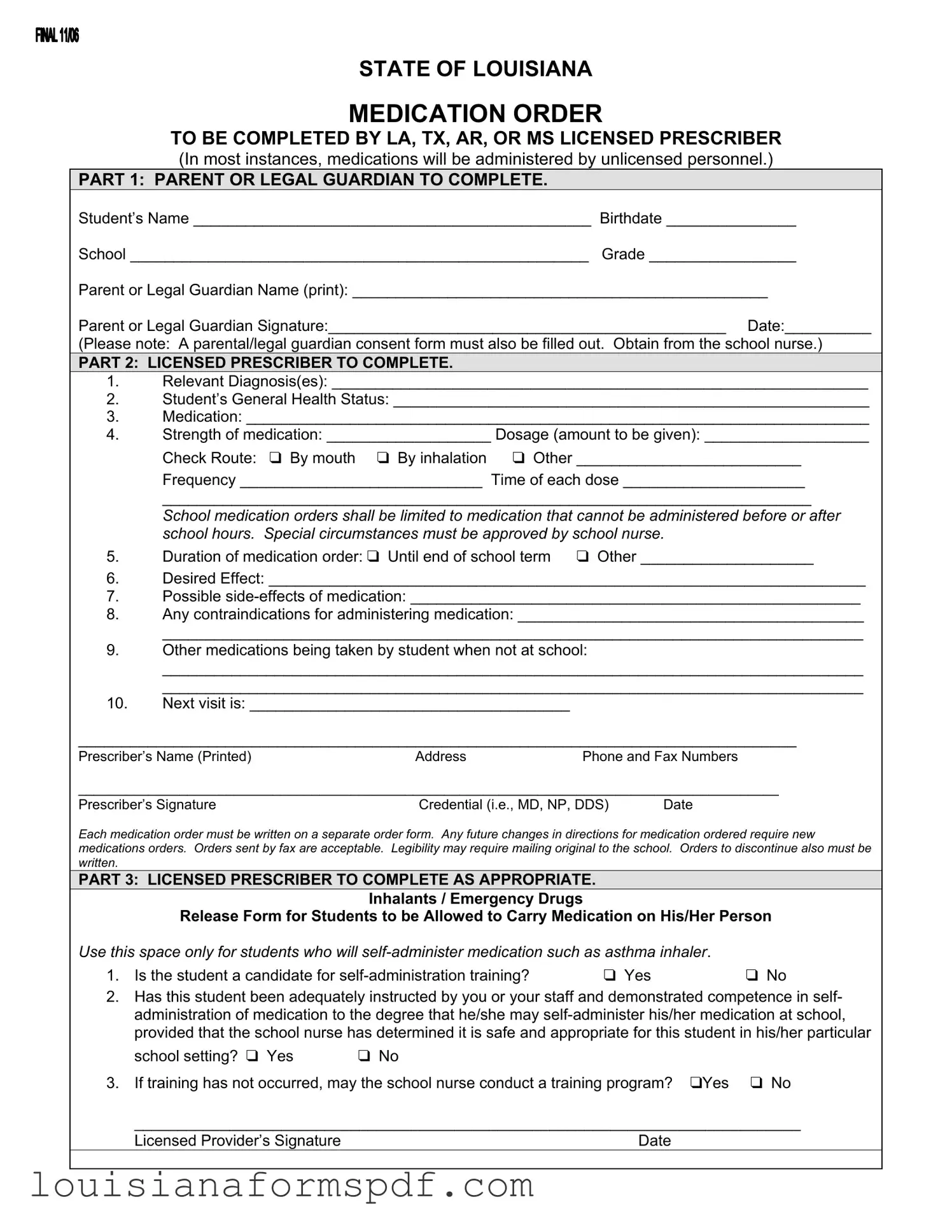 Official State Of Louisiana Medication Order Template in PDF