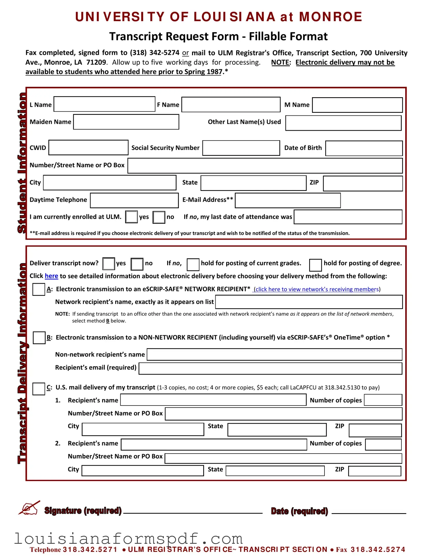 Official University Louisiana Transcript Template in PDF